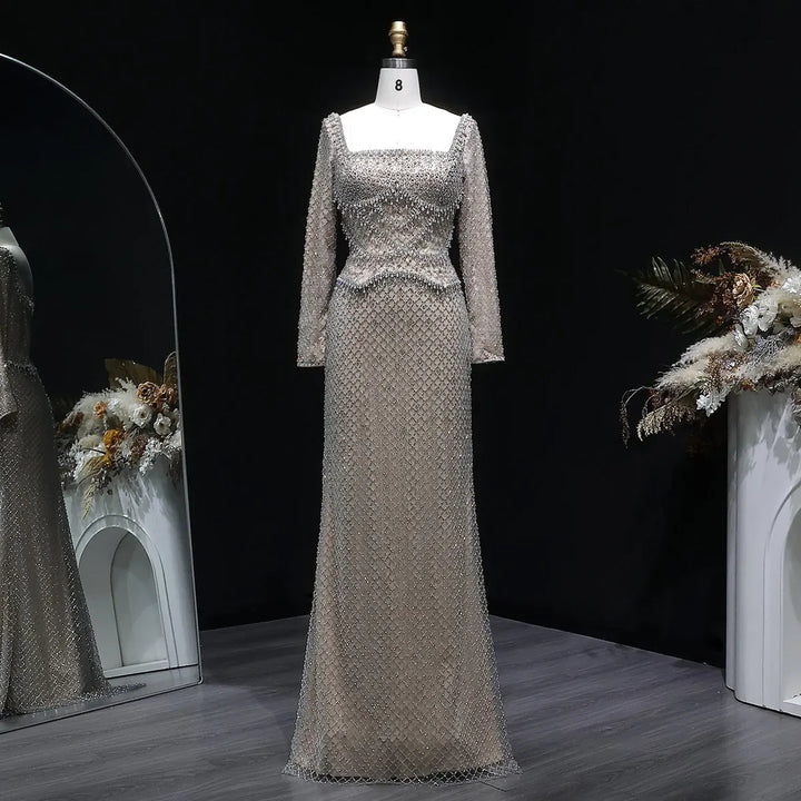 Sophisticated Gray Crystal Evening Dress with Sleek Long Sleeves SS633