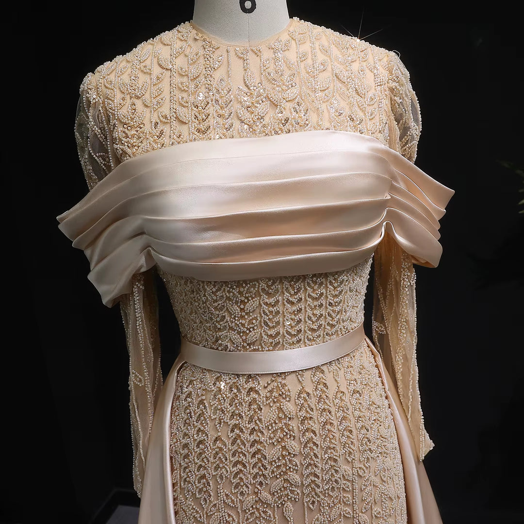 Elegant Champagne Beaded Evening Dress with Detachable Overskirt SS253