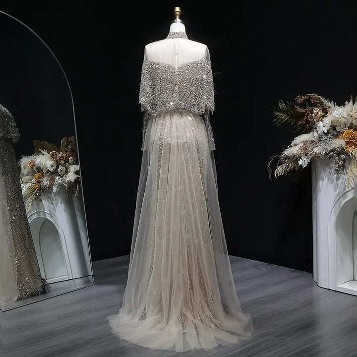 Luxury Gray Dubai Evening Gown with Detachable Overskirt SS557