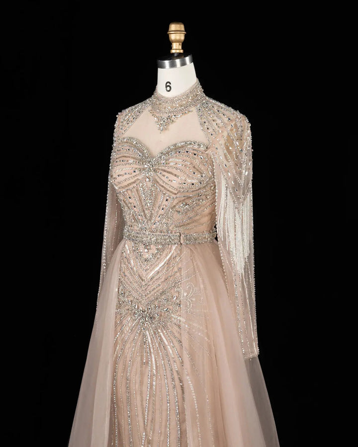 Dreamy Vow Beaded High Neck Evening Gown with Flowing Cape SS171