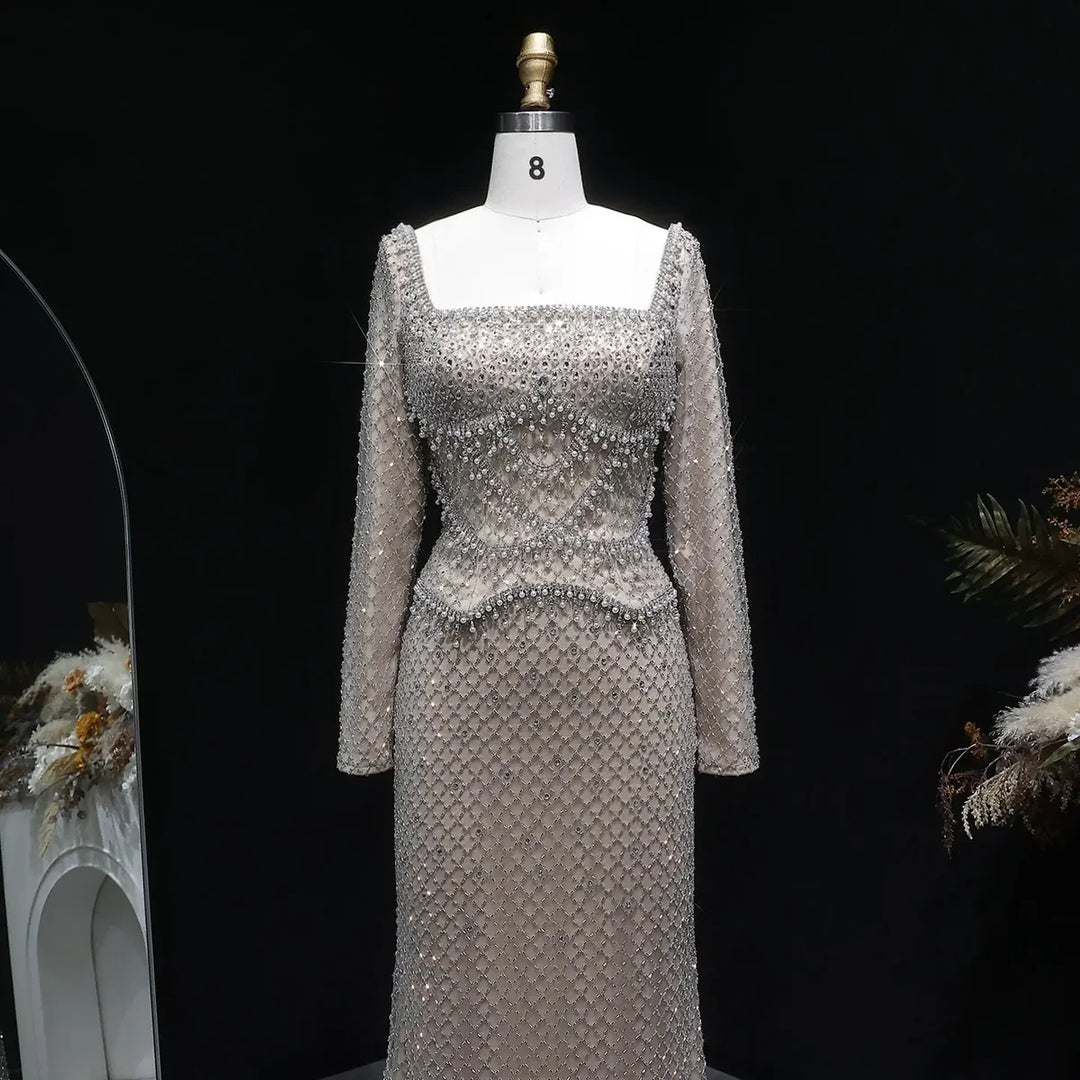 Sophisticated Gray Crystal Evening Dress with Sleek Long Sleeves SS633