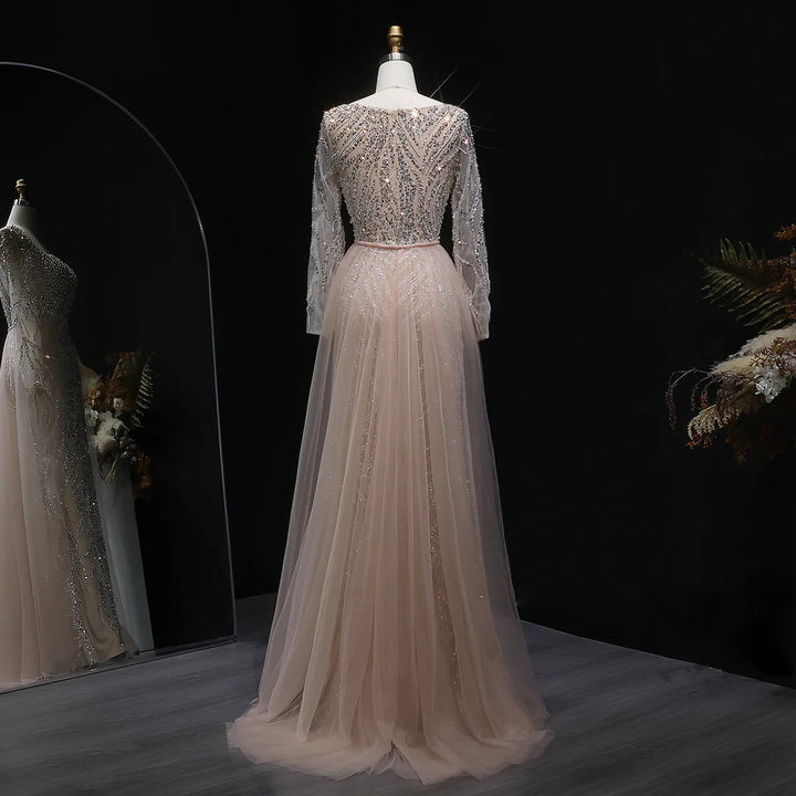 Glamorous Champagne Beaded Prom Dress with Long Sleeves SS632