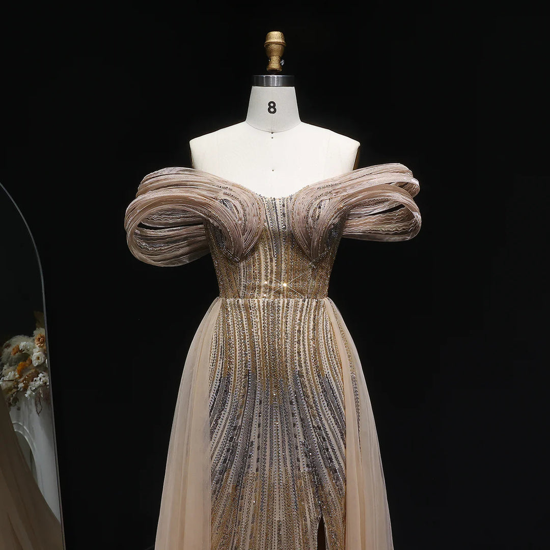 Luxury Beaded Corset Evening Gown with Dramatic Overskirt SS717