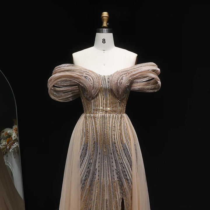 Luxury Beaded Corset Evening Gown with Dramatic Overskirt SS717