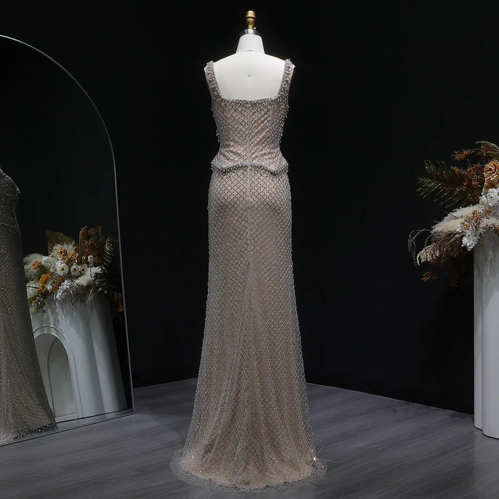 Luxury Silver Grey Evening Dress with Crystal Beading SS631