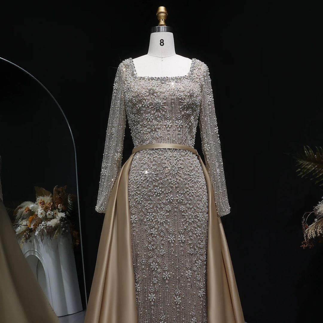 Luxury Champagne Beaded with Overskirt Evening Dress SS119