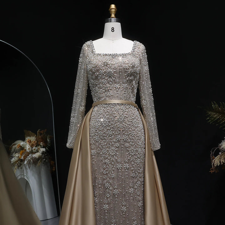 Luxury Champagne Beaded with Overskirt Evening Dress SS119