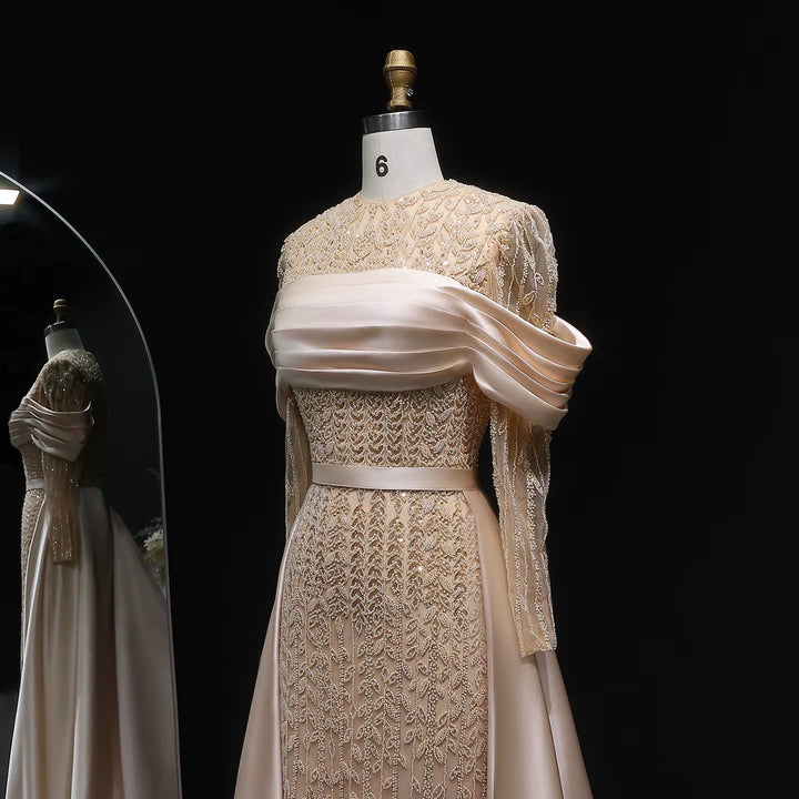 Elegant Champagne Beaded Evening Dress with Detachable Overskirt SS253