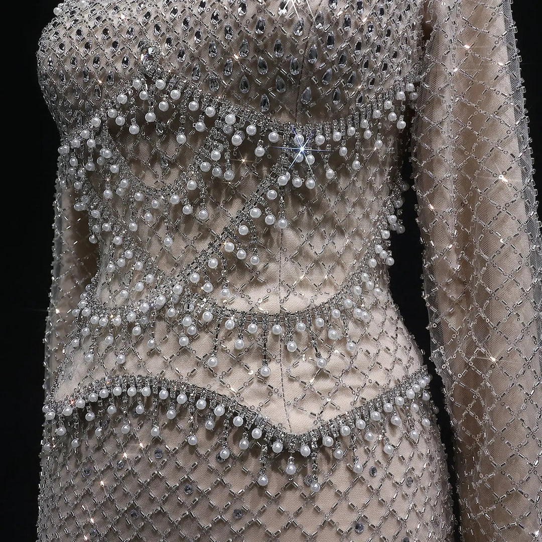 Sophisticated Gray Crystal Evening Dress with Sleek Long Sleeves SS633