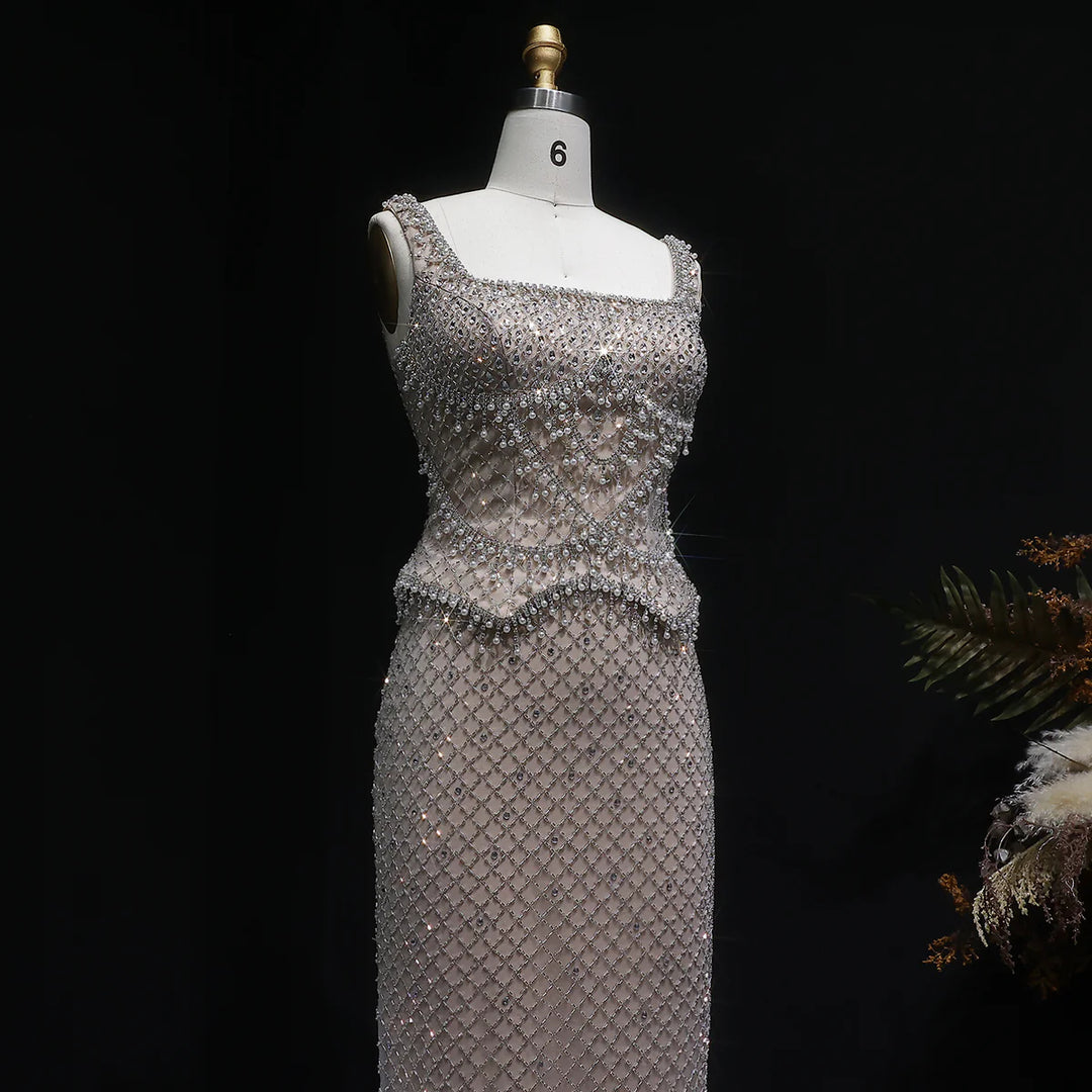 Luxury Silver Grey Evening Dress with Crystal Beading SS631