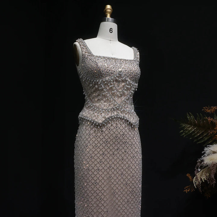 Luxury Silver Grey Evening Dress with Crystal Beading SS631