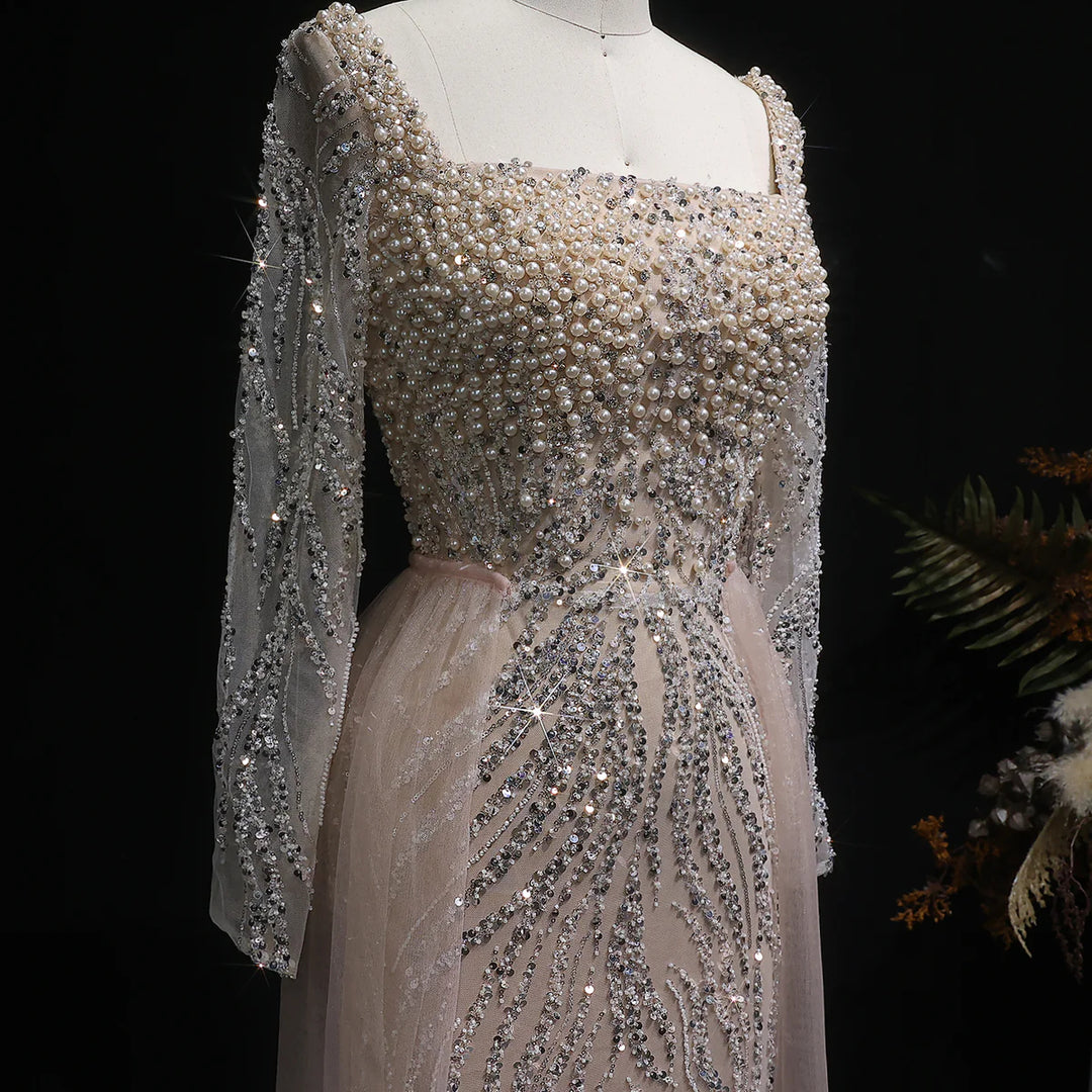 Glamorous Champagne Beaded Prom Dress with Long Sleeves SS632