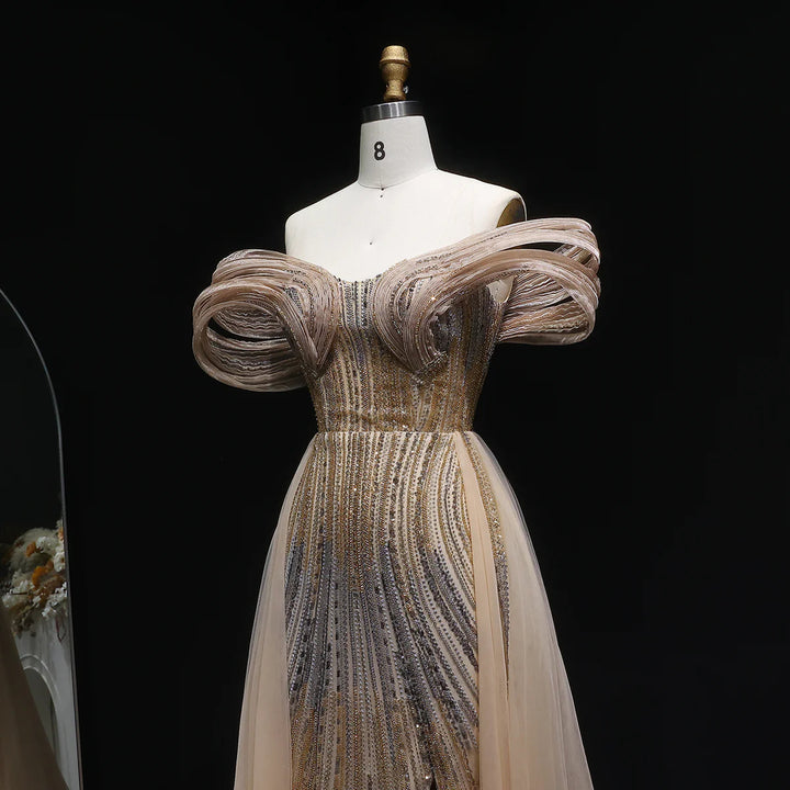 Luxury Beaded Corset Evening Gown with Dramatic Overskirt SS717