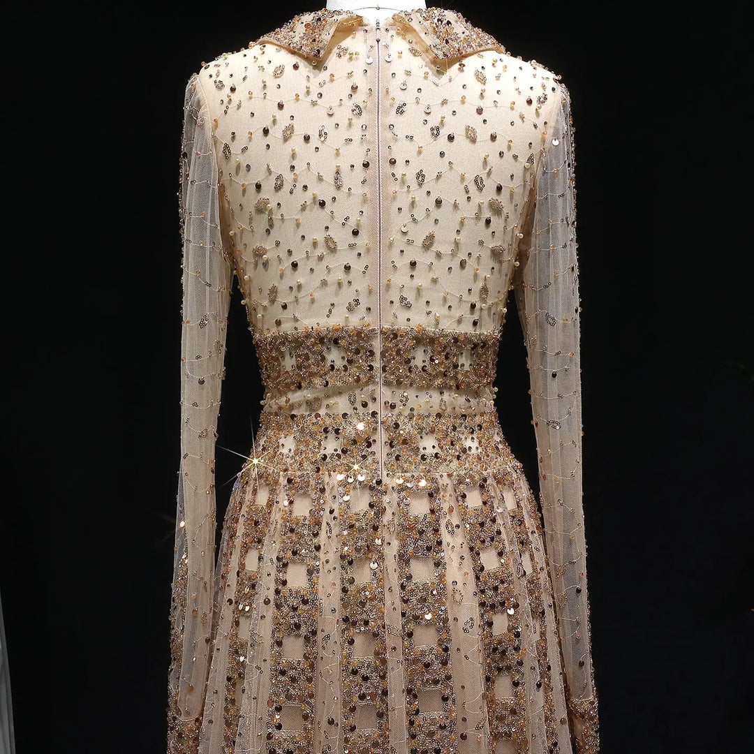 Luxury Champagne Gold Sequin Long Sleeve Evening Gown with Sheer Tulle Overlay SS149