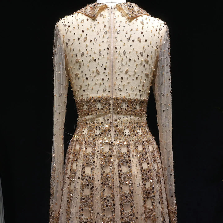 Luxury Champagne Gold Sequin Long Sleeve Evening Gown with Sheer Tulle Overlay SS149
