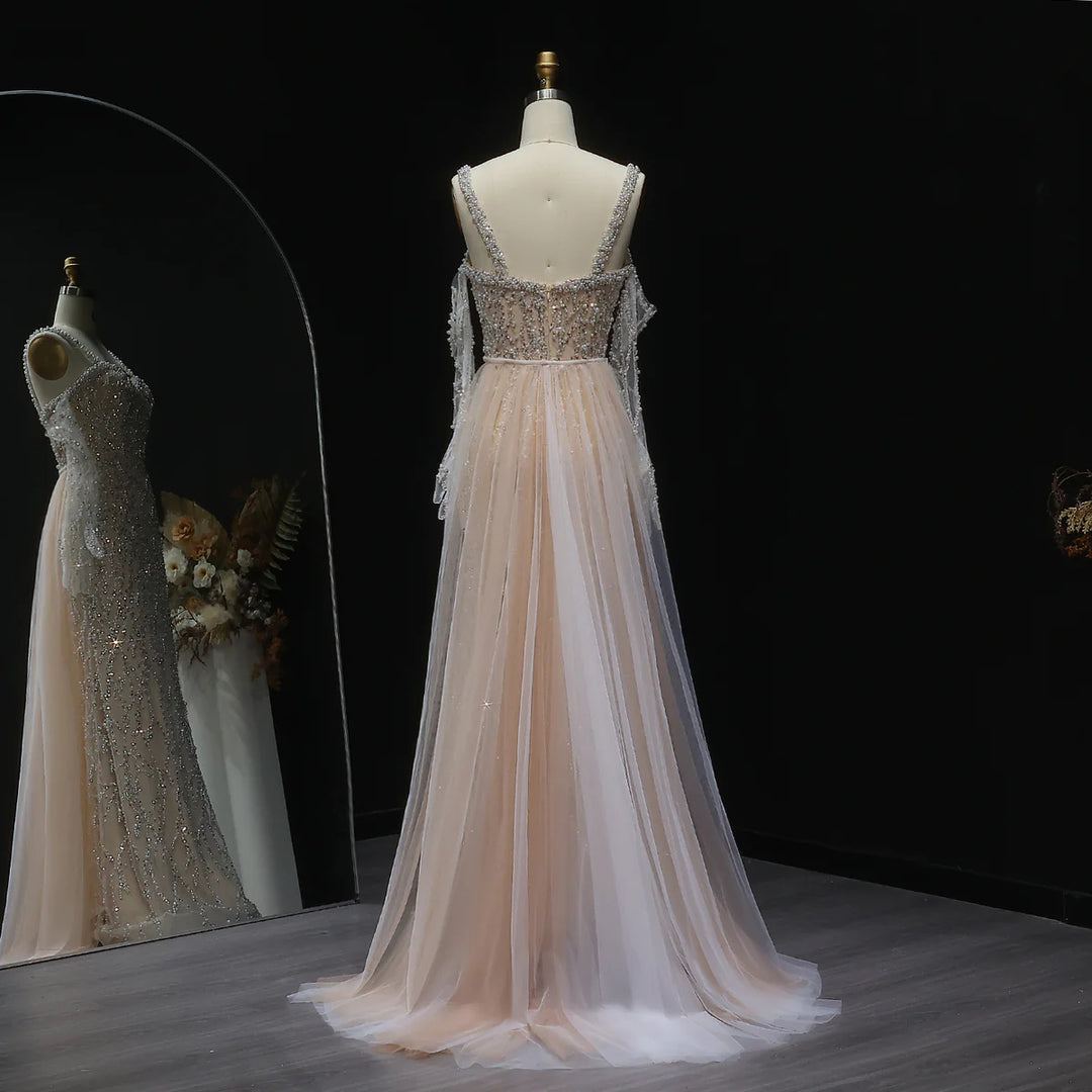 Elegant Champagne Evening Dress with Sheer Cape Sleeves SS634