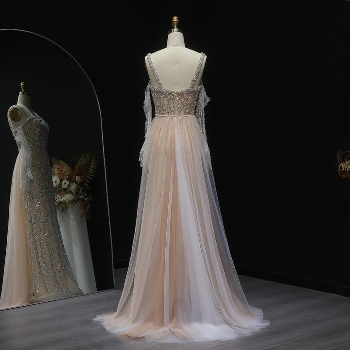 Elegant Champagne Evening Dress with Sheer Cape Sleeves SS634