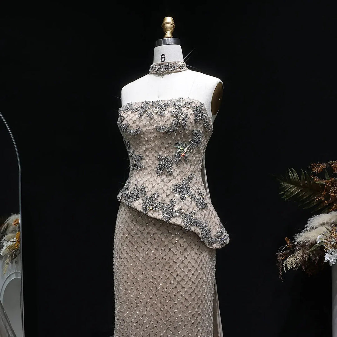 Luxury Champagne Strapless Beaded Mermaid Evening Dress with Train SS394