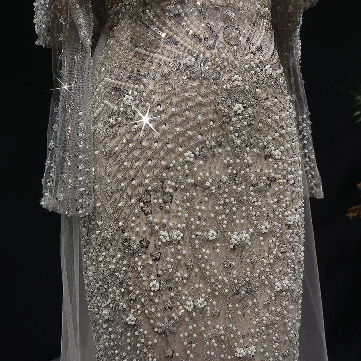 Luxury Gray Dubai Evening Gown with Detachable Overskirt SS557