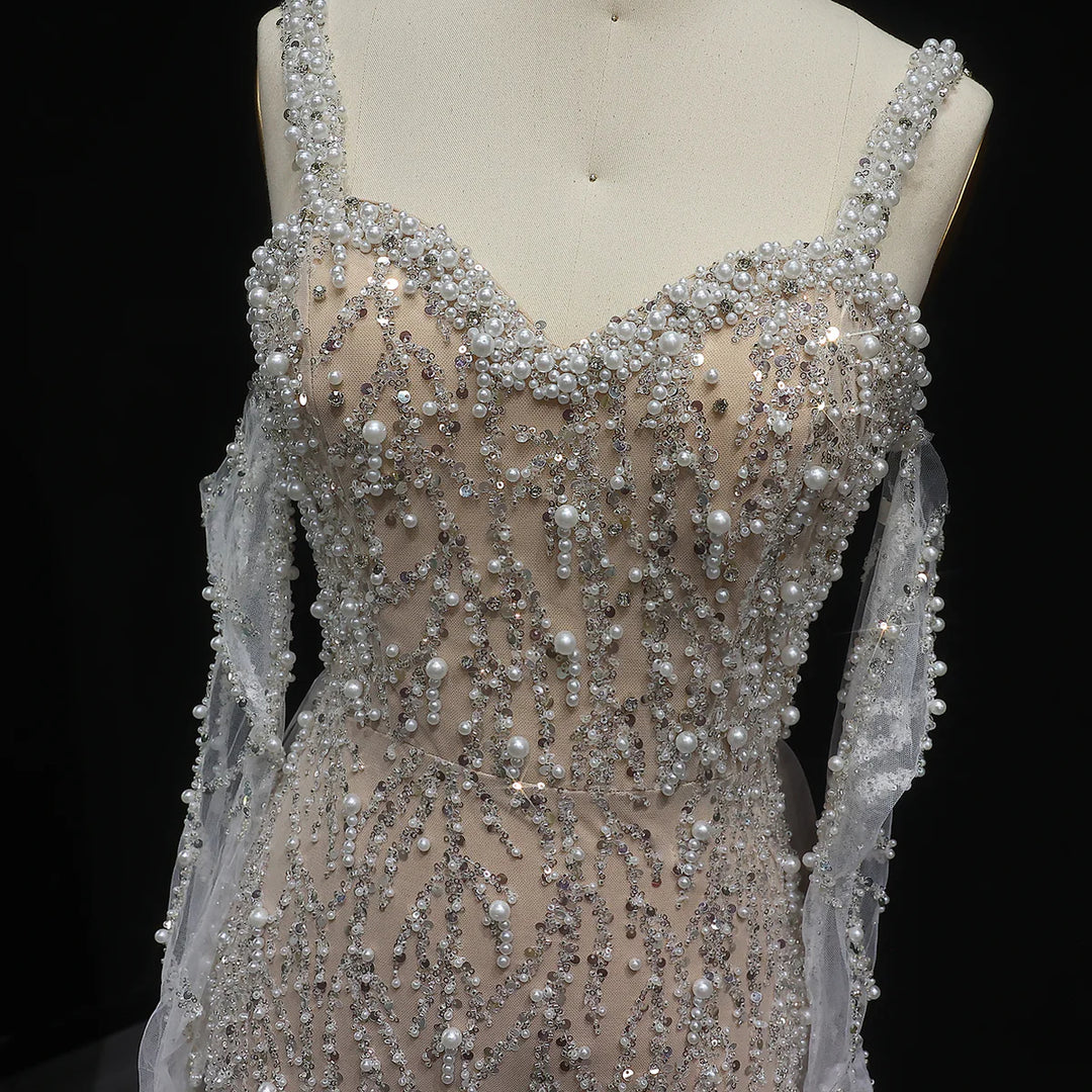 Elegant Champagne Evening Dress with Sheer Cape Sleeves SS634