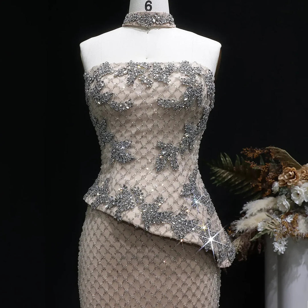 Luxury Champagne Strapless Beaded Mermaid Evening Dress with Train SS394