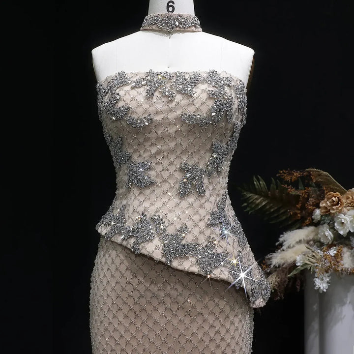 Luxury Champagne Strapless Beaded Mermaid Evening Dress with Train SS394