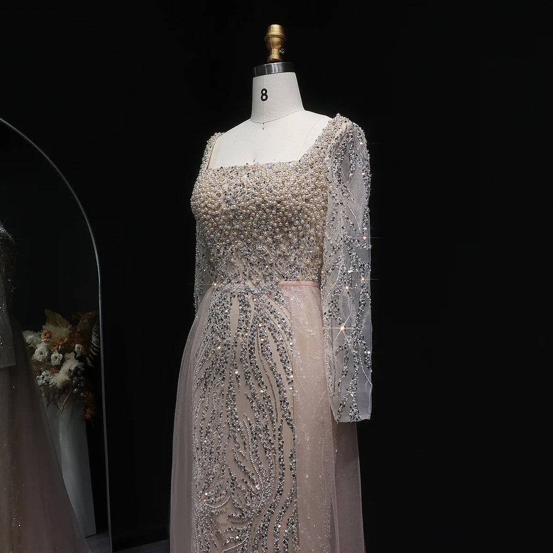 Glamorous Champagne Beaded Prom Dress with Long Sleeves SS632