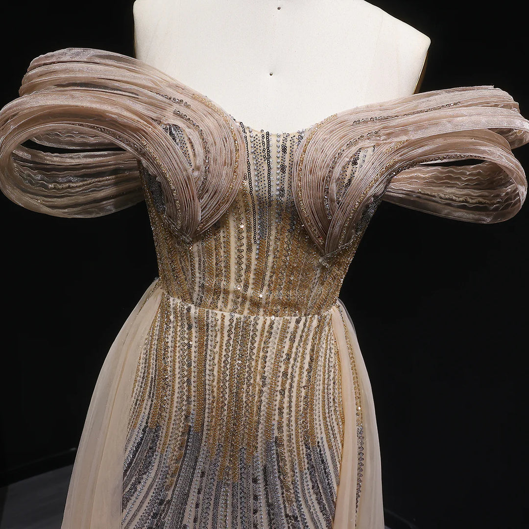 Luxury Beaded Corset Evening Gown with Dramatic Overskirt SS717