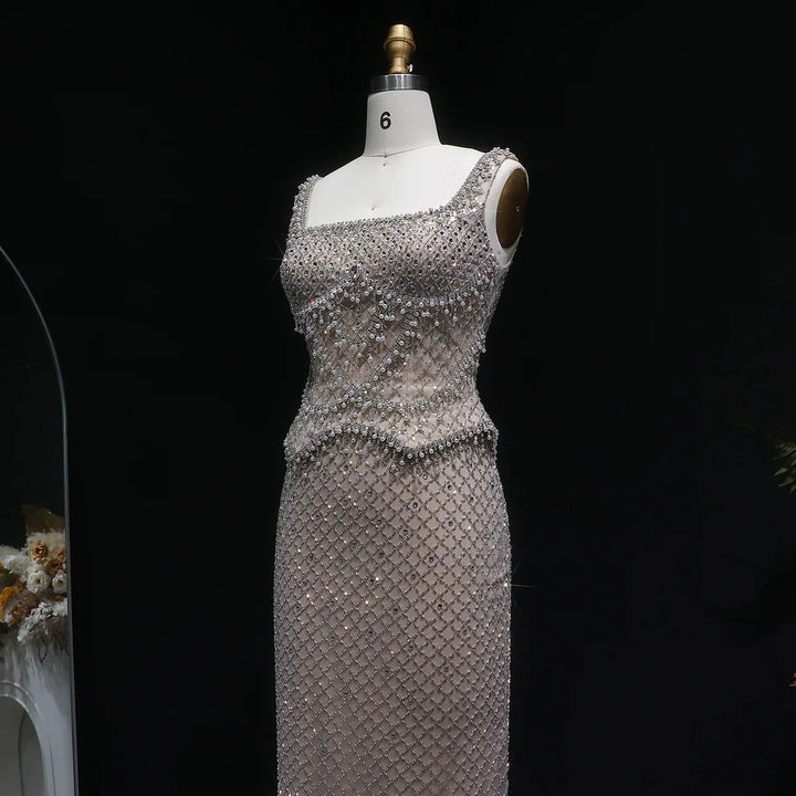Luxury Silver Grey Evening Dress with Crystal Beading SS631