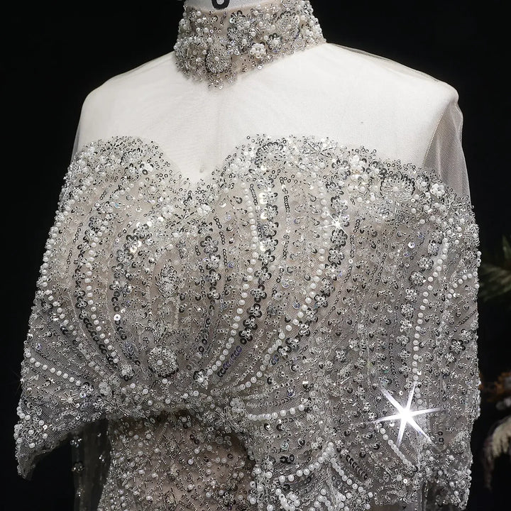 Luxury Gray Dubai Evening Gown with Detachable Overskirt SS557