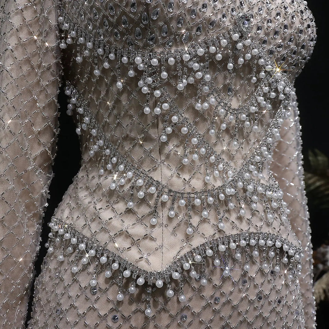 Sophisticated Gray Crystal Evening Dress with Sleek Long Sleeves SS633