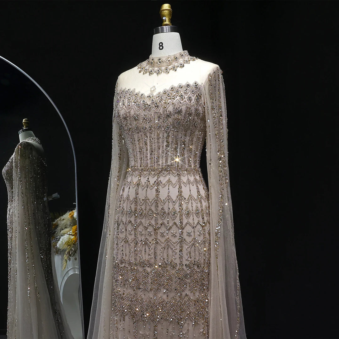 Luxury Sequin Beaded Cape Sleeve Evening Gown SS150