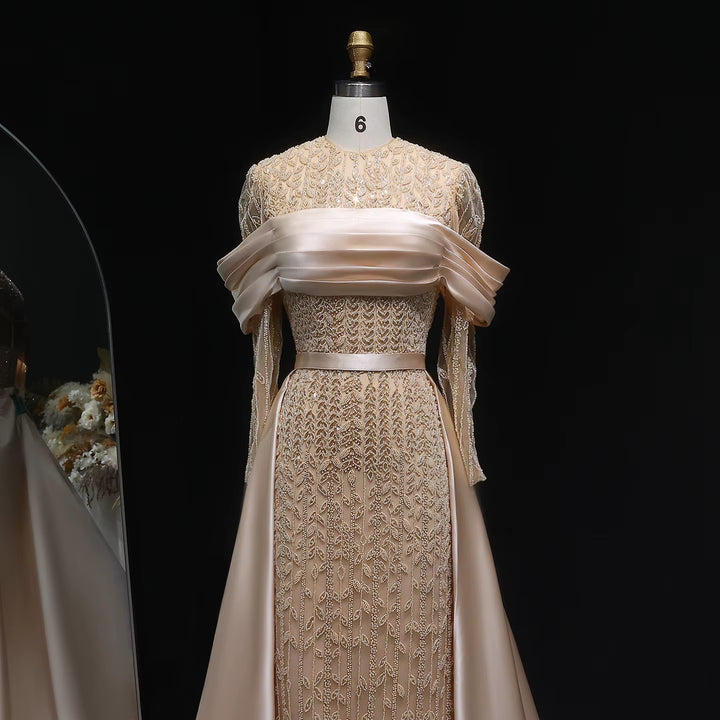 Elegant Champagne Beaded Evening Dress with Detachable Overskirt SS253