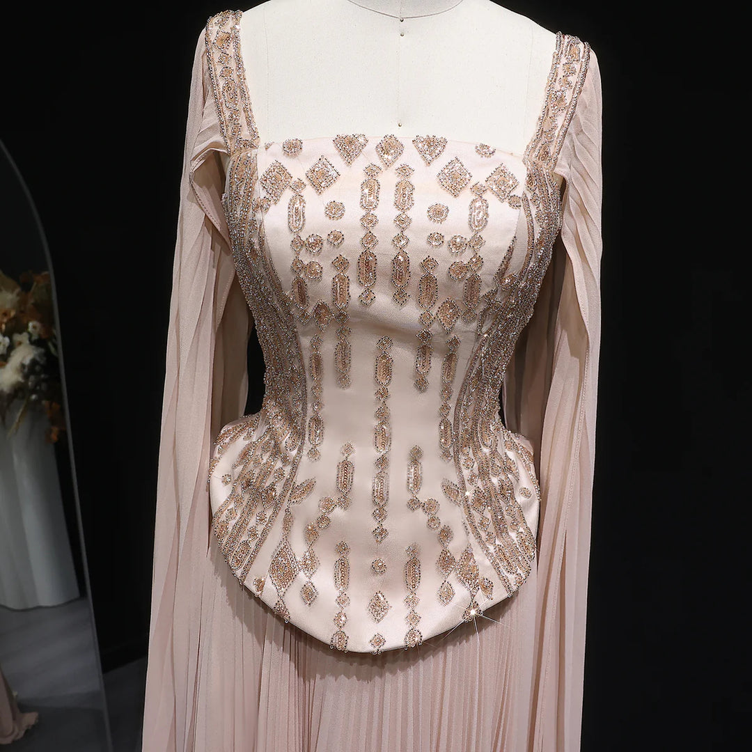 Luxury Red Beaded Corset Flowing Cape Sleeves Evening Dress SS349