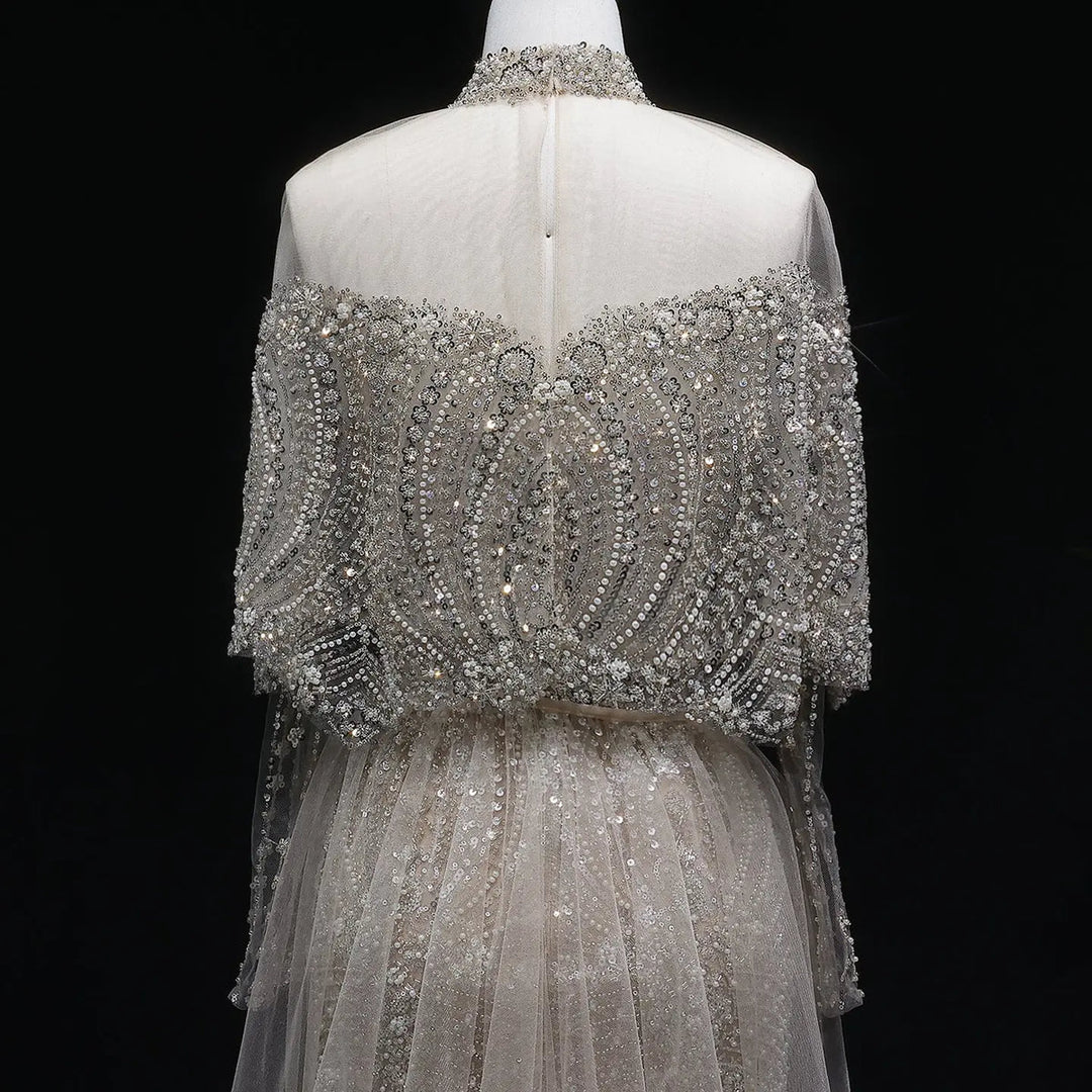 Luxury Gray Dubai Evening Gown with Detachable Overskirt SS557