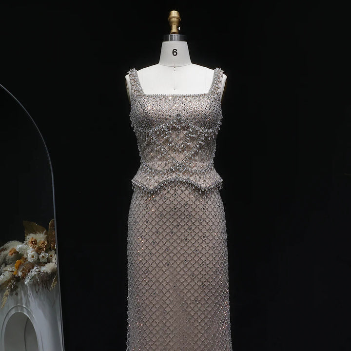 Luxury Silver Grey Evening Dress with Crystal Beading SS631