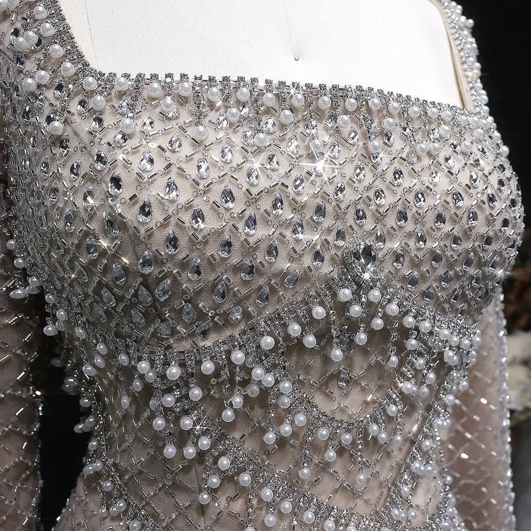 Sophisticated Gray Crystal Evening Dress with Sleek Long Sleeves SS633