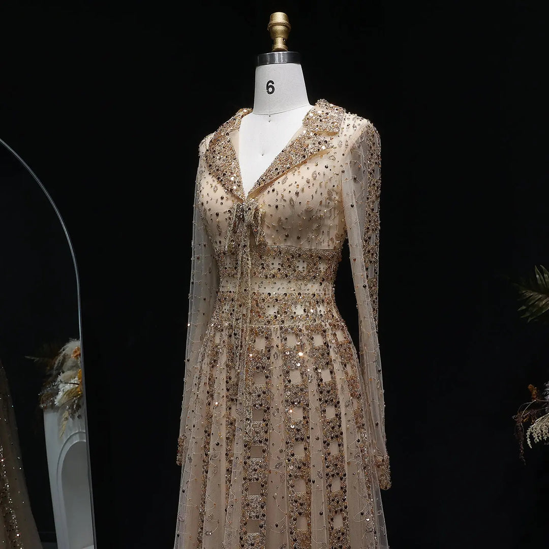 Luxury Champagne Gold Sequin Long Sleeve Evening Gown with Sheer Tulle Overlay SS149
