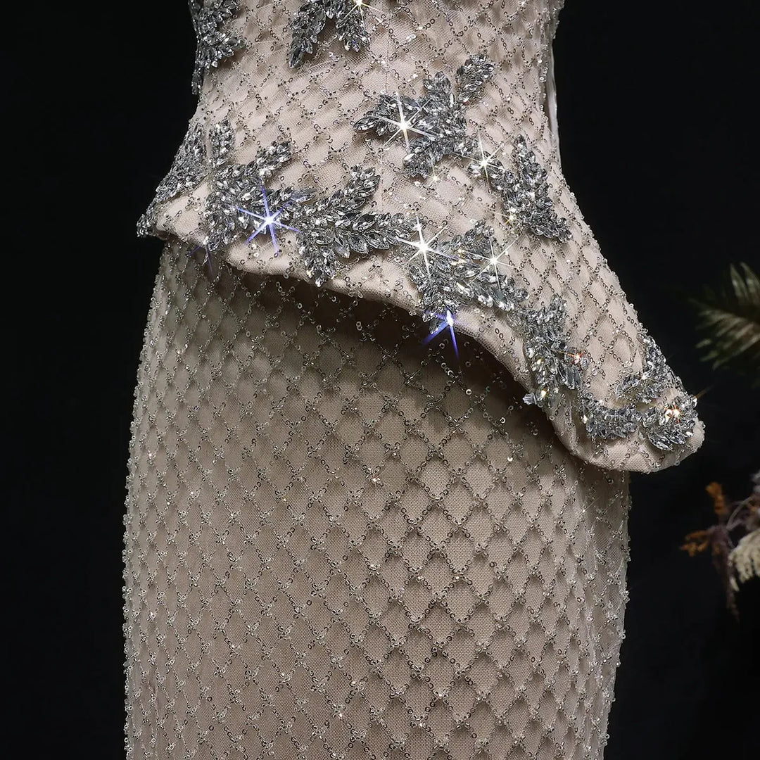 Luxury Champagne Strapless Beaded Mermaid Evening Dress with Train SS394