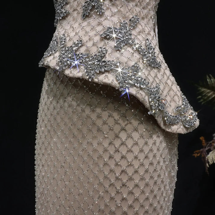 Luxury Champagne Strapless Beaded Mermaid Evening Dress with Train SS394