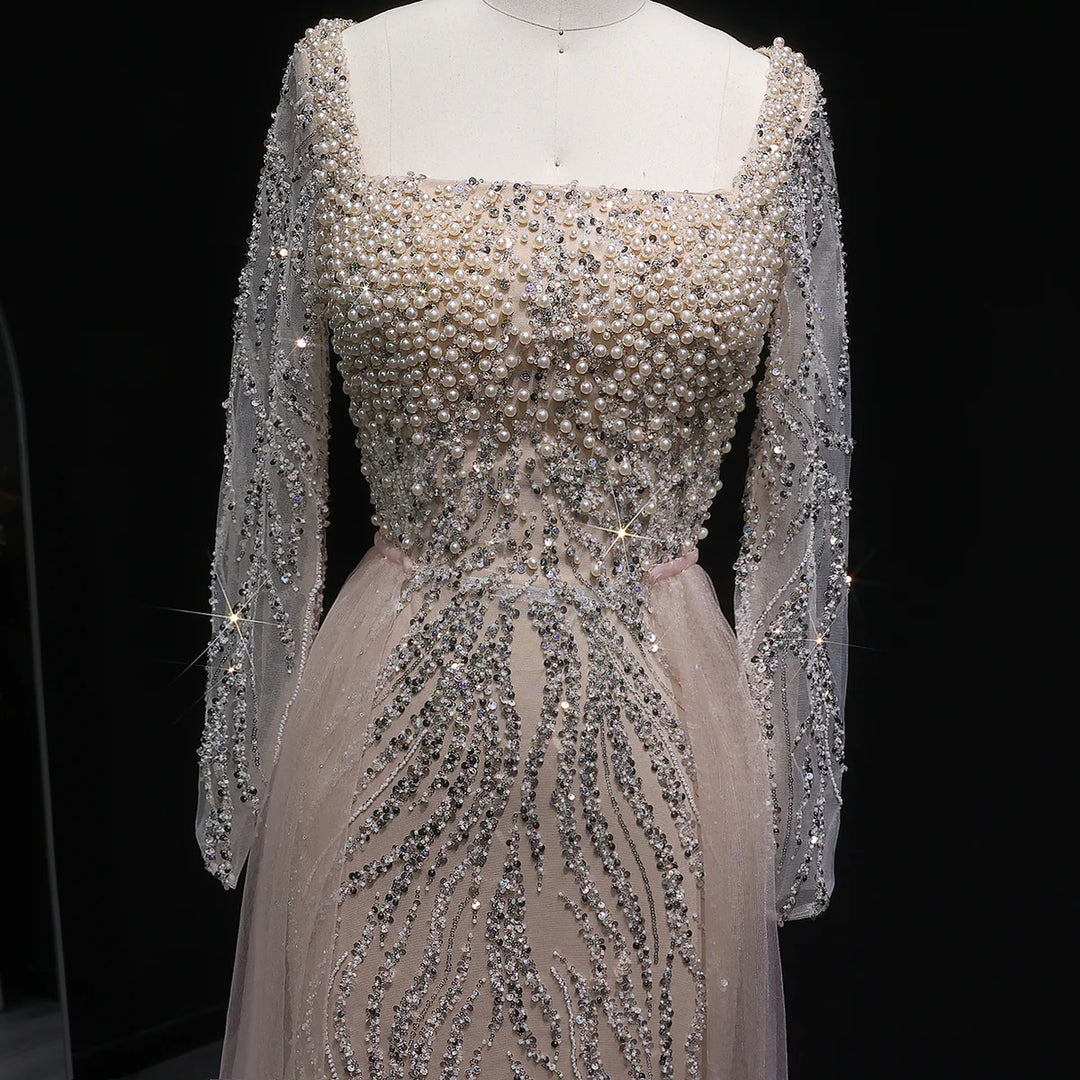 Glamorous Champagne Beaded Prom Dress with Long Sleeves SS632