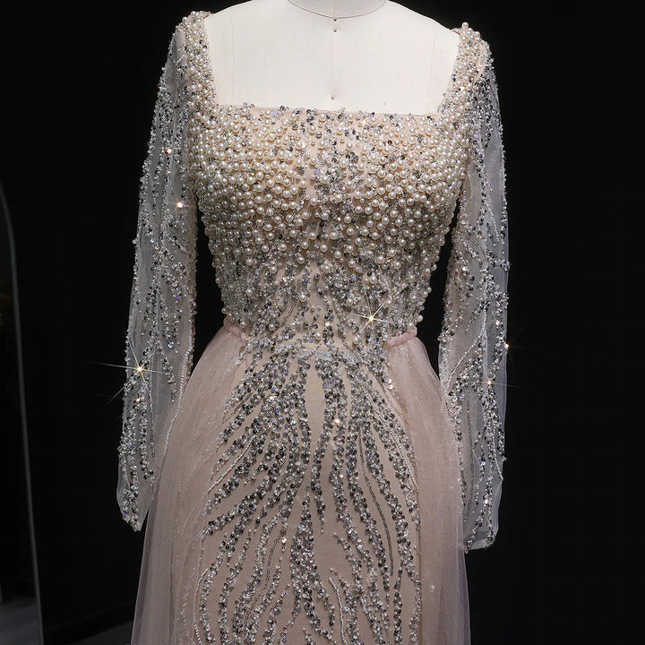 Glamorous Champagne Beaded Prom Dress with Long Sleeves SS632