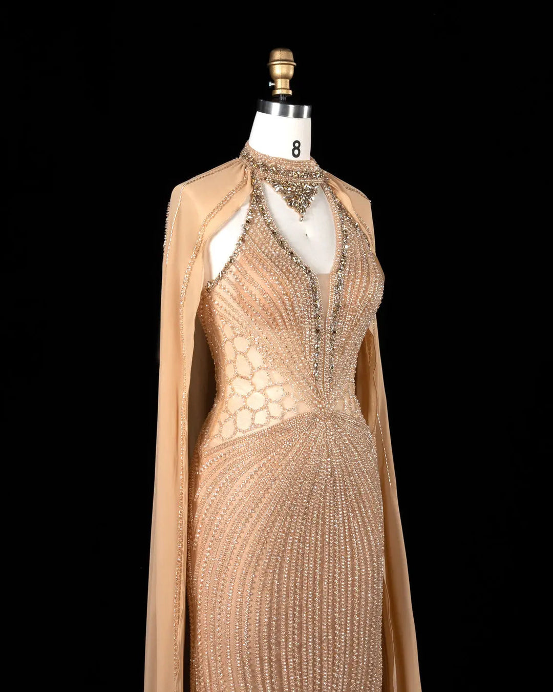 Dreamy Vow Beaded Cape Evening Gown with Illusion Waist SS049