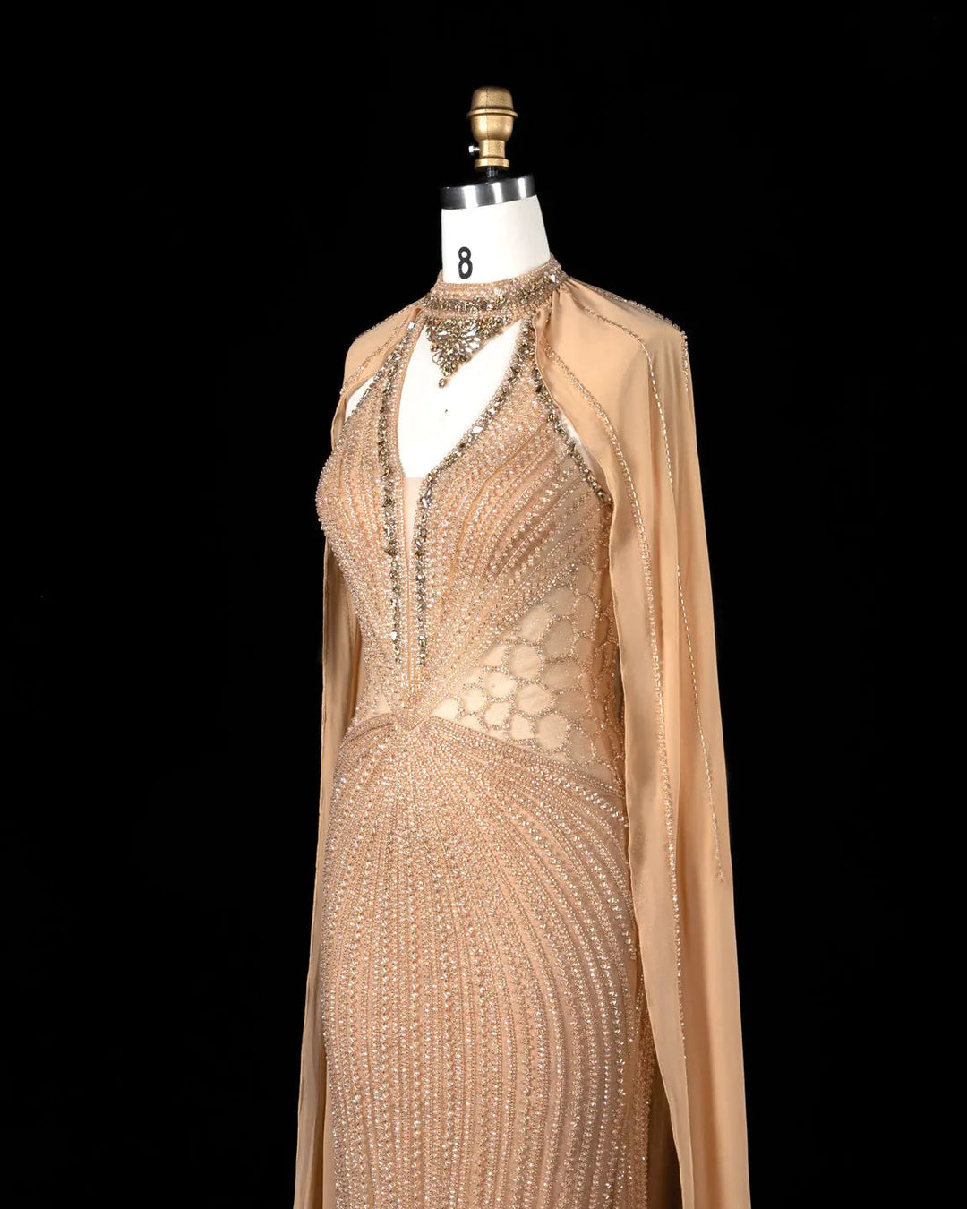 Dreamy Vow Beaded Cape Evening Gown with Illusion Waist SS049