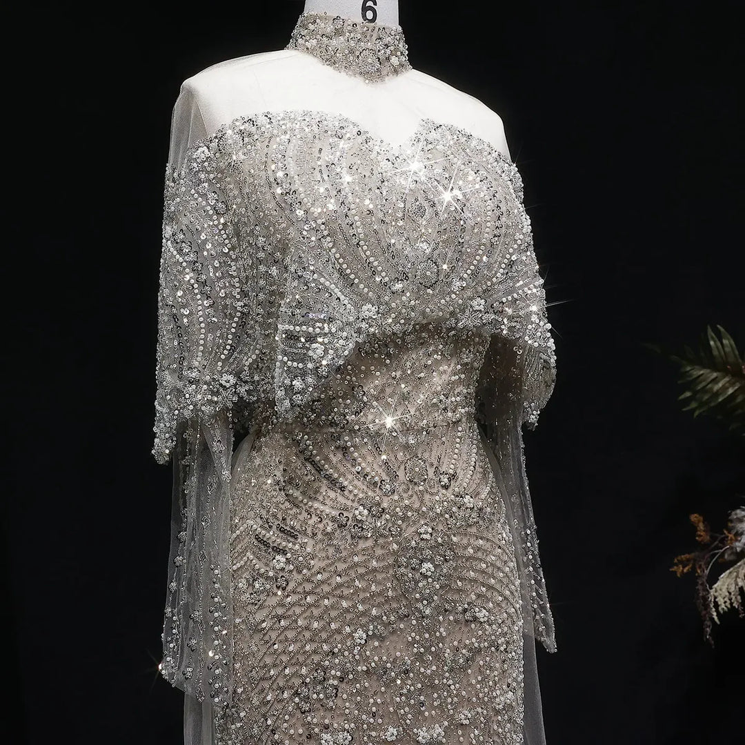 Luxury Gray Dubai Evening Gown with Detachable Overskirt SS557