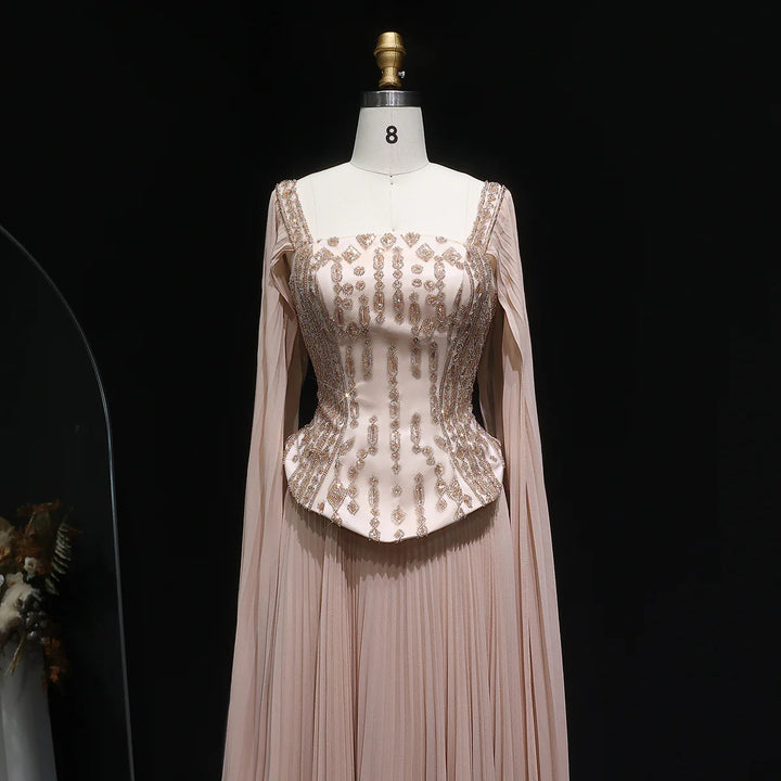 Luxury Red Beaded Corset Flowing Cape Sleeves Evening Dress SS349