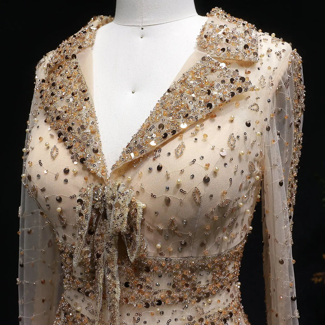 Luxury Champagne Gold Sequin Long Sleeve Evening Gown with Sheer Tulle Overlay SS149
