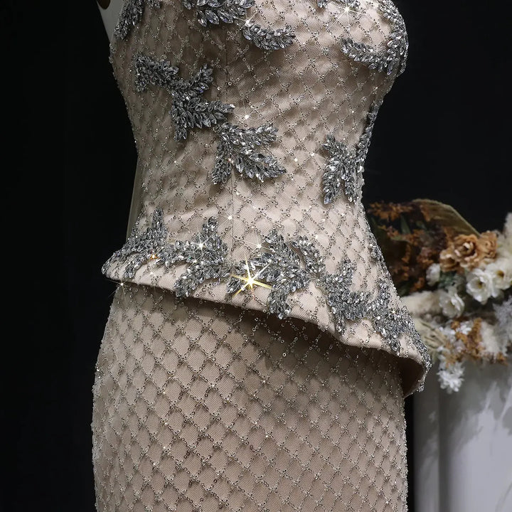 Luxury Champagne Strapless Beaded Mermaid Evening Dress with Train SS394