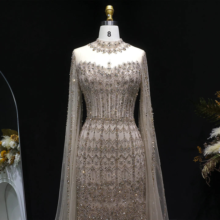 Luxury Sequin Beaded Cape Sleeve Evening Gown SS150