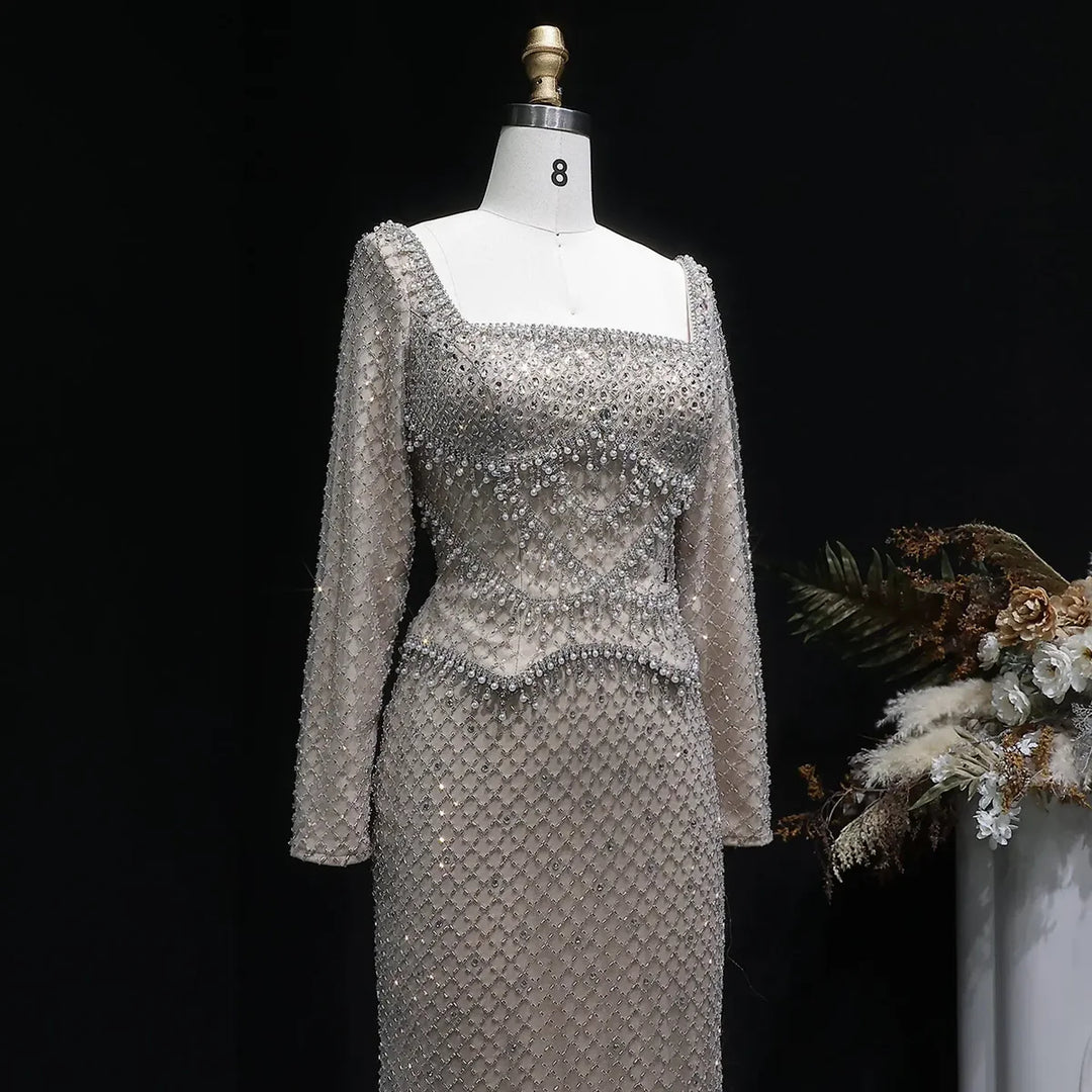 Sophisticated Gray Crystal Evening Dress with Sleek Long Sleeves SS633